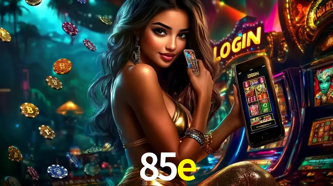 Mulher em um cenário de cassino temático de aventura, mostrando o app de caça-níqueis da 85e no celular. Fichas de apostas flutuam ao redor.