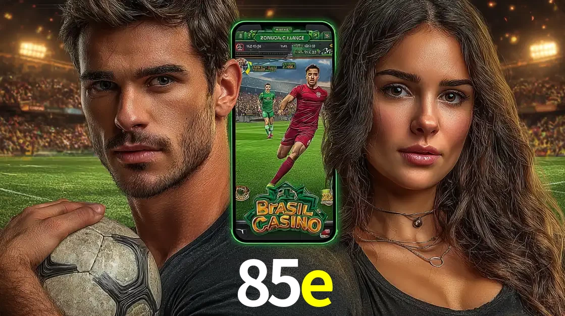 Homem segurando uma bola de futebol e uma mulher ao lado de um smartphone exibindo o jogo de apostas esportivas da 85e. Faça seu palpite no cassino online.